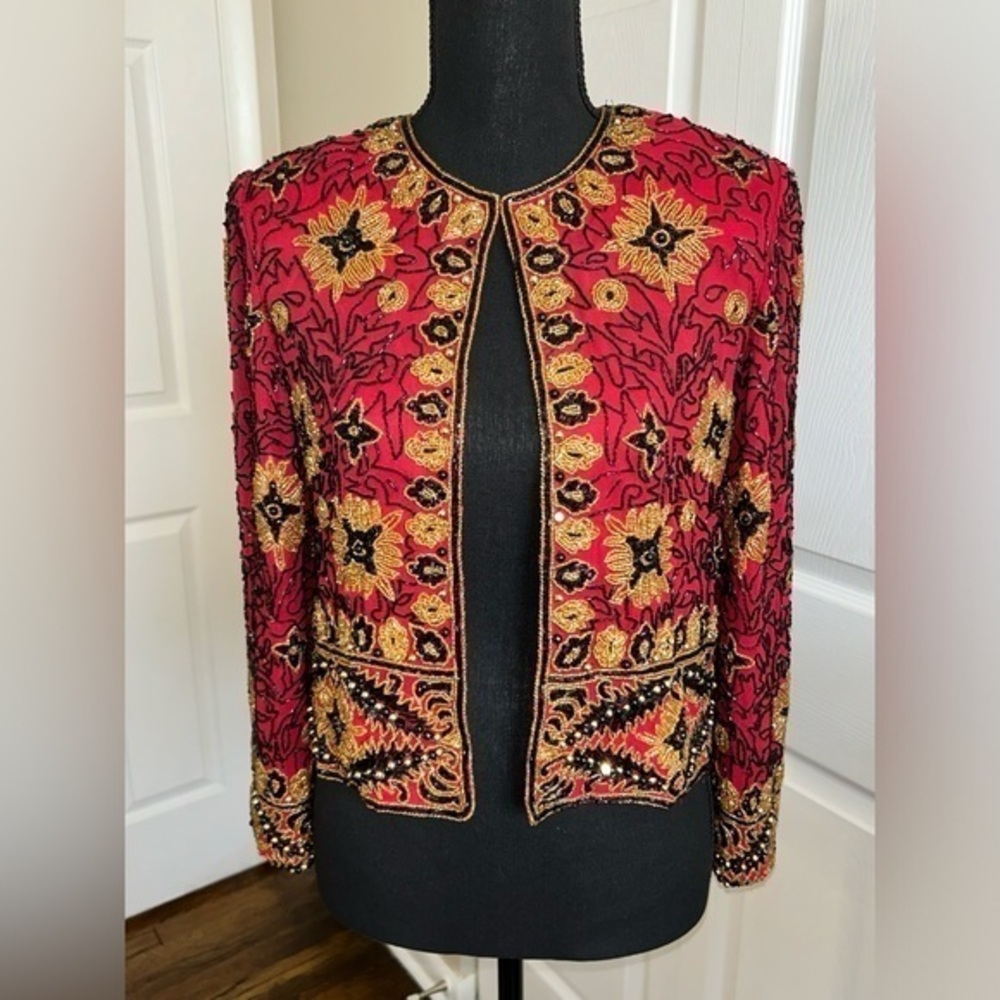 🌟Vintage Papell Boutique Red Silk Heavy Beaded Holiday Costume Formal Jacket S